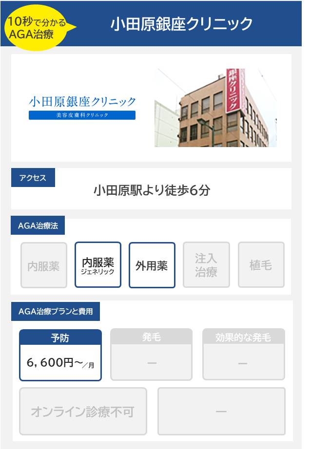 小田原銀座クリニック（小田原）のAGA治療法・プラン料金まとめ
