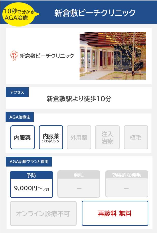 新倉敷ピーチクリニック（倉敷）10分で分かるAGA治療