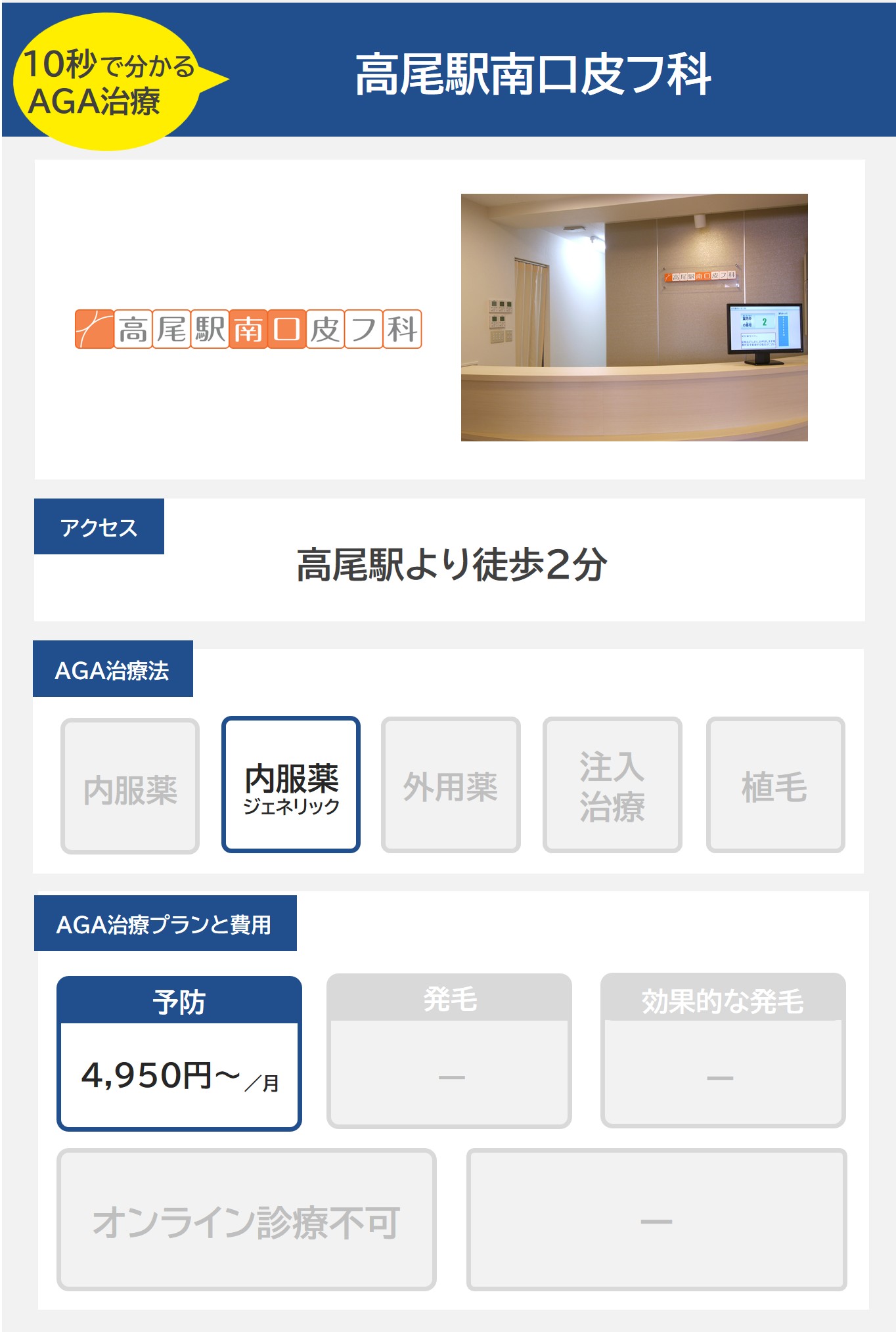 高尾駅南口皮フ科（八王子）のAGA治療法・プラン料金まとめ
