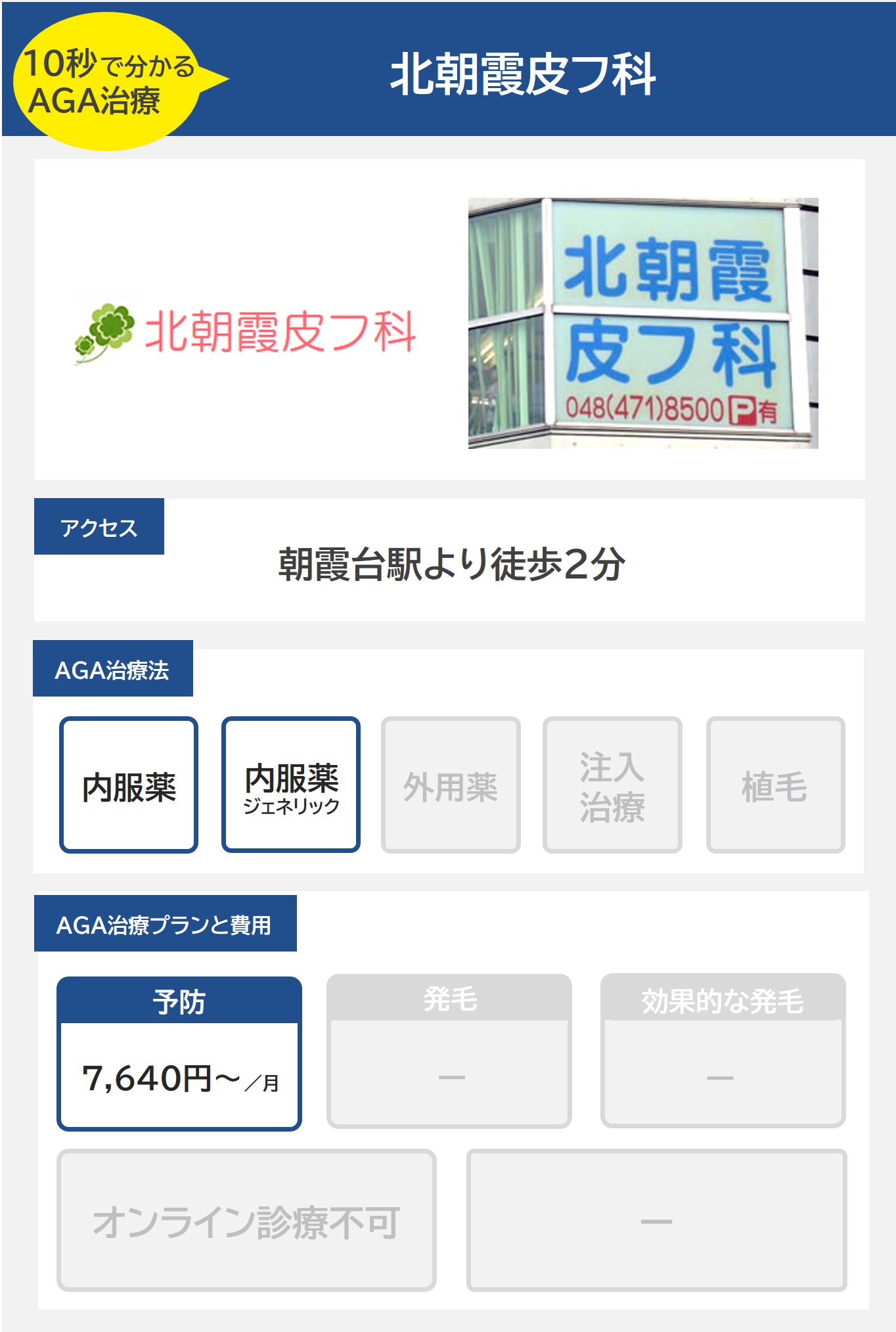 北朝霞皮フ科（朝霞）のAGA治療法・プラン料金まとめ