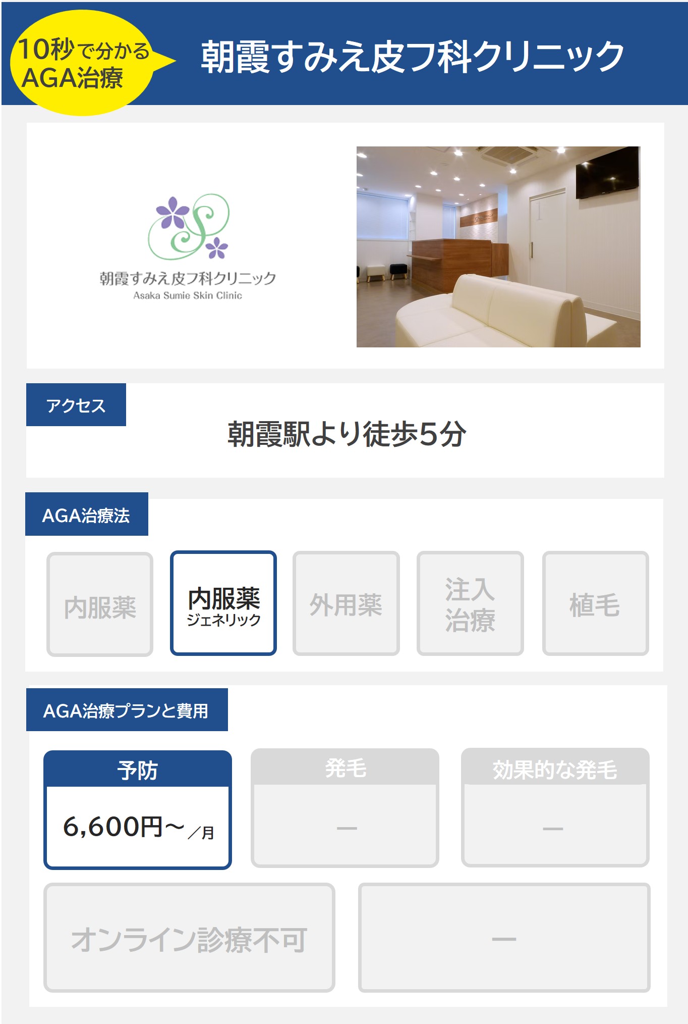 朝霞すみえ皮フ科クリニック（朝霞）のAGA治療法・プラン料金まとめ