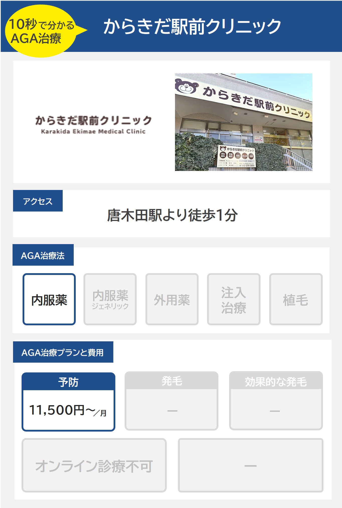 からきだ駅前クリニック（多摩）のAGA治療法・プラン料金まとめ