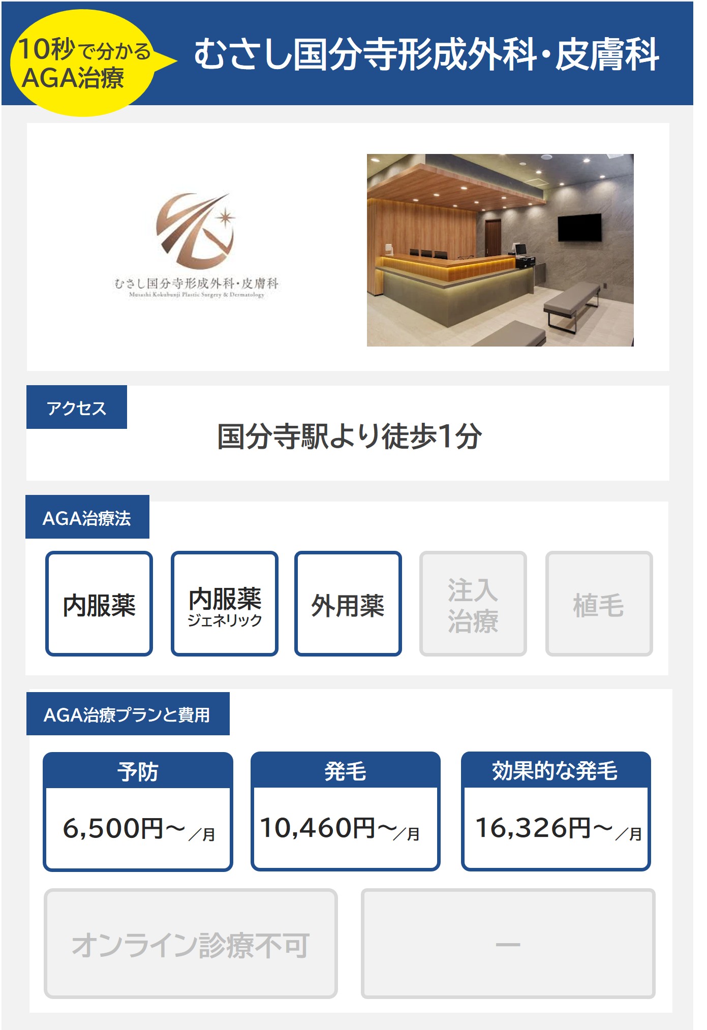 むさし国分寺形成外科・皮膚科（国分寺）のAGA治療法・プラン料金まとめ