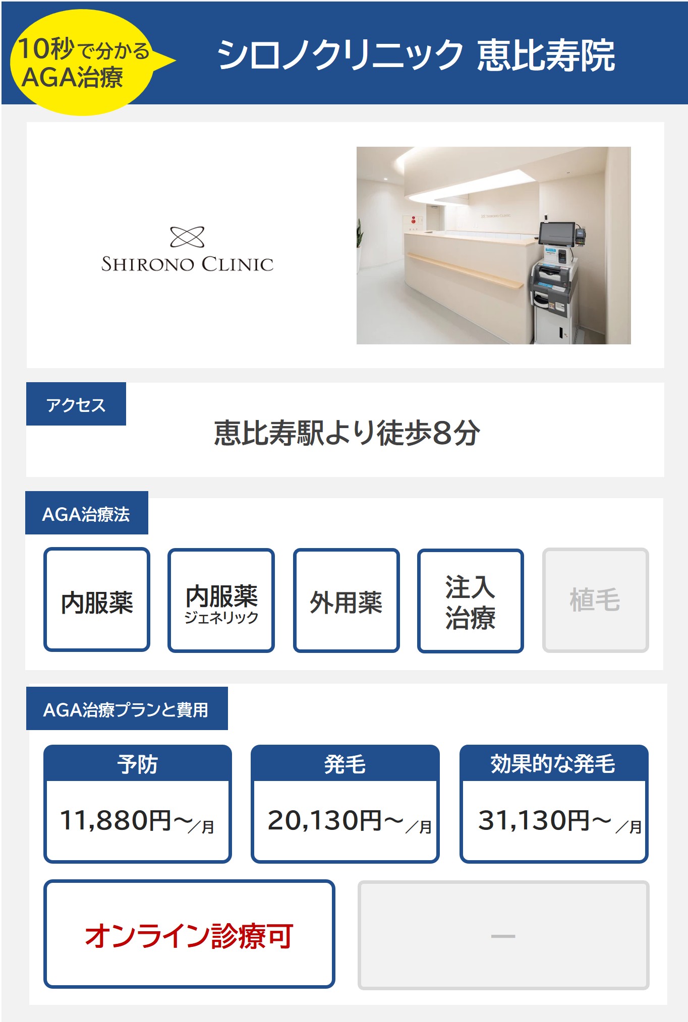 シロノクリニック 恵比寿院（恵比寿）のAGA治療法・プラン料金まとめ