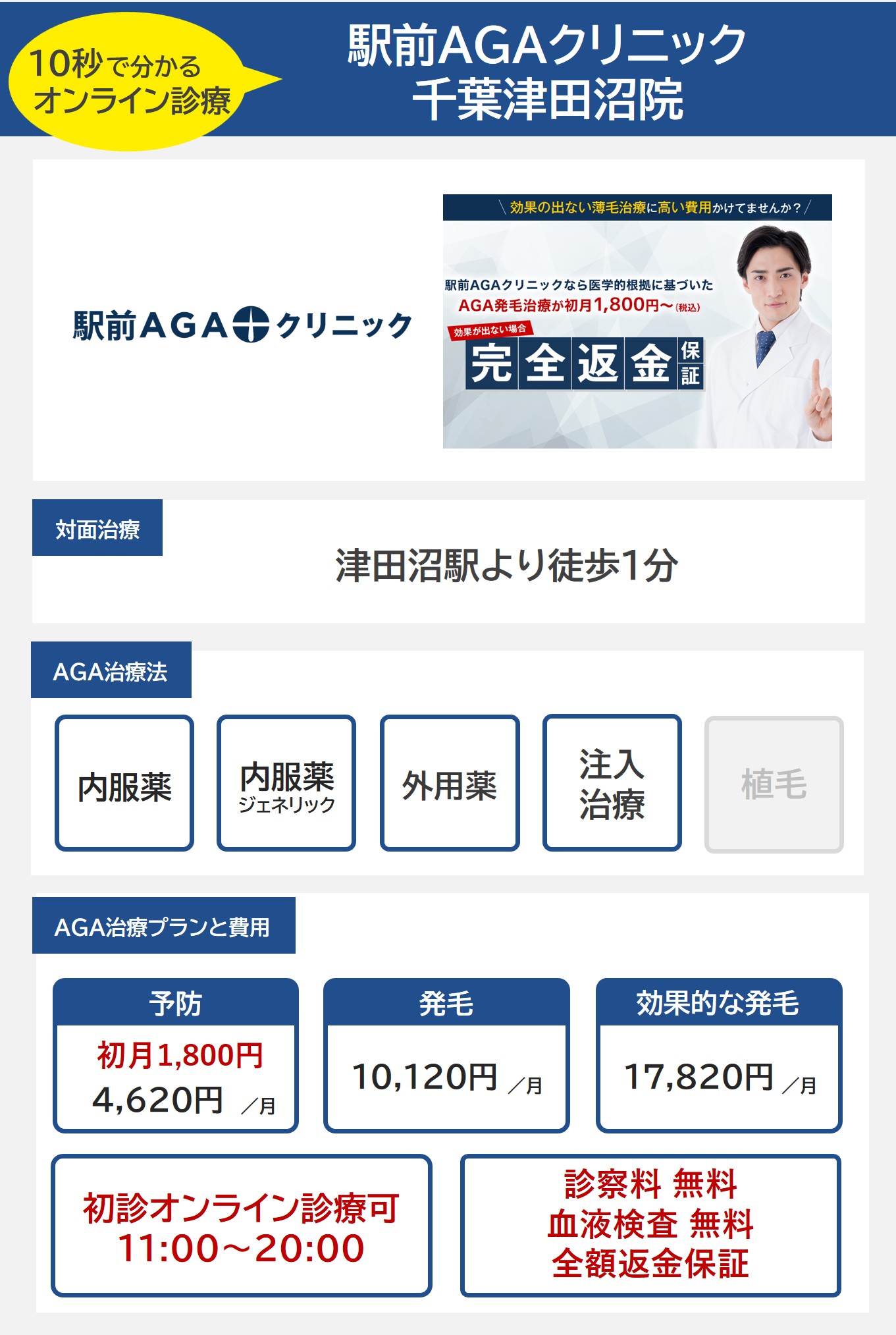 駅前AGAクリニック 千葉津田沼院（津田沼）のAGA治療法・プラン料金まとめ