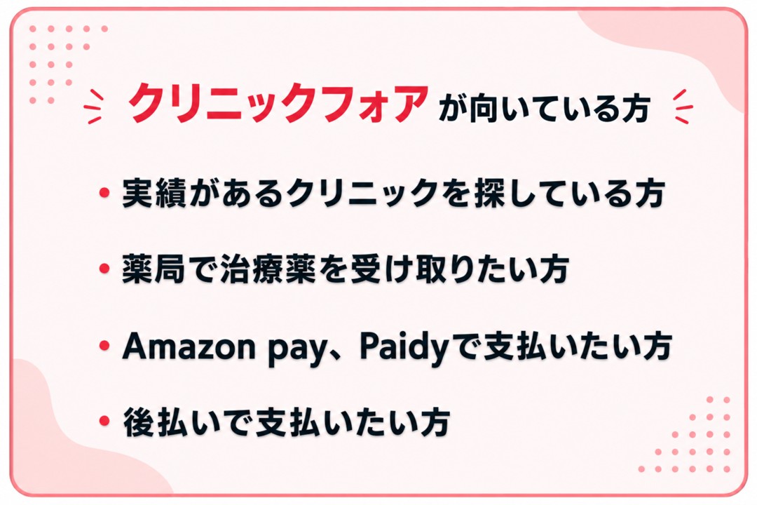 クリニックフォアのAGA治療が向いている方【クリニックフォアとレバクリの比較】