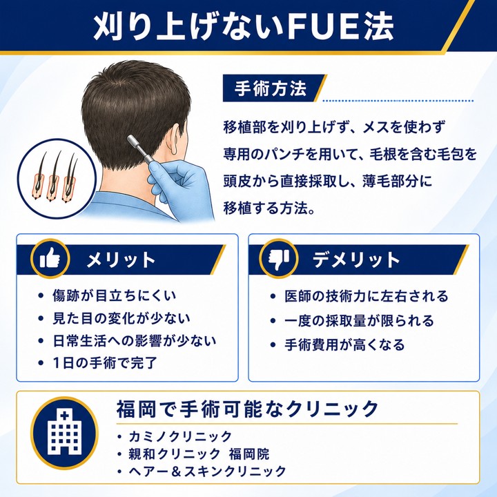 福岡で刈り上げないFUE法が可能なクリニック！刈り上げないFUE法の手術方法・メリットデメリットを紹介