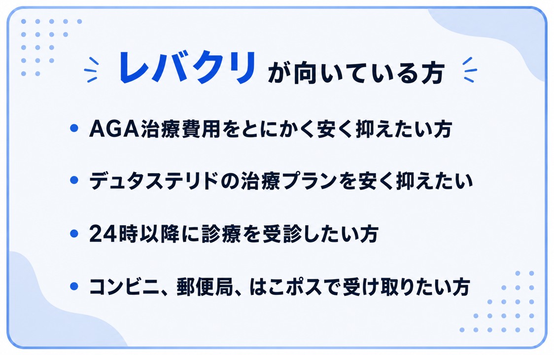 レバクリのAGA治療が向いている方【クリニックフォアとレバクリの比較】