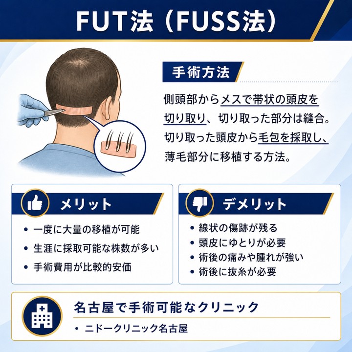 名古屋でFUT法(FUSS法)の自毛植毛が可能なクリニック
FUT法(FUSS法)の手術方法とメリット・デメリット