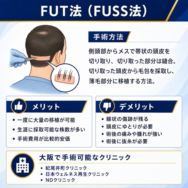 大阪でFUT法(FUSS法)の自毛植毛が可能なクリニック
FUT法(FUSS法)の手術方法とメリット・デメリット