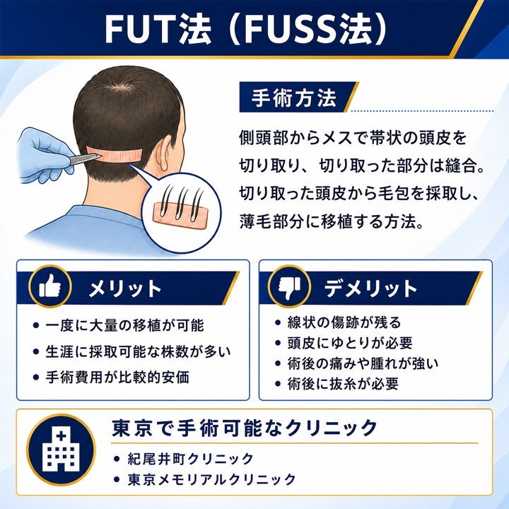 東京でFUT法(FUSS法)の自毛植毛が可能なクリニック
FUT法(FUSS法)の手術方法とメリット・デメリット