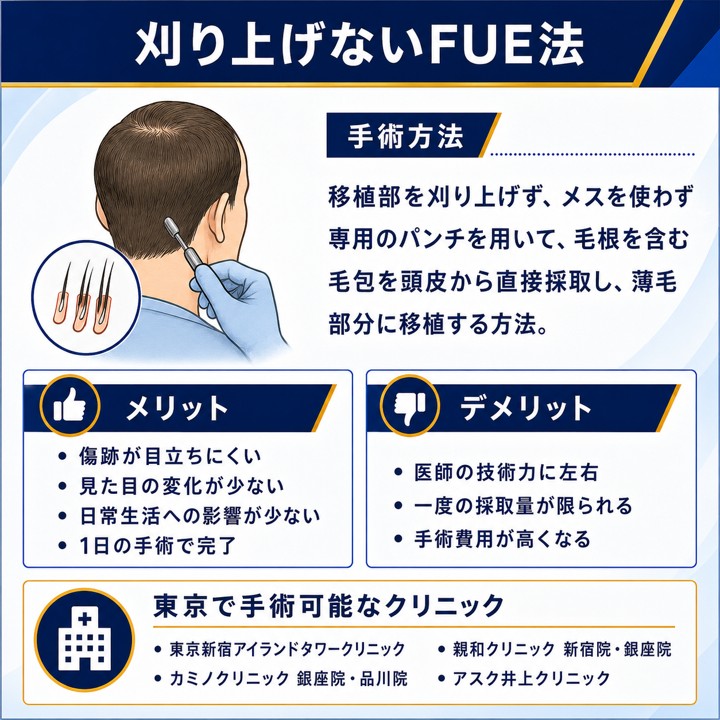 東京で刈り上げないFUE法の自毛植毛が可能なクリニック