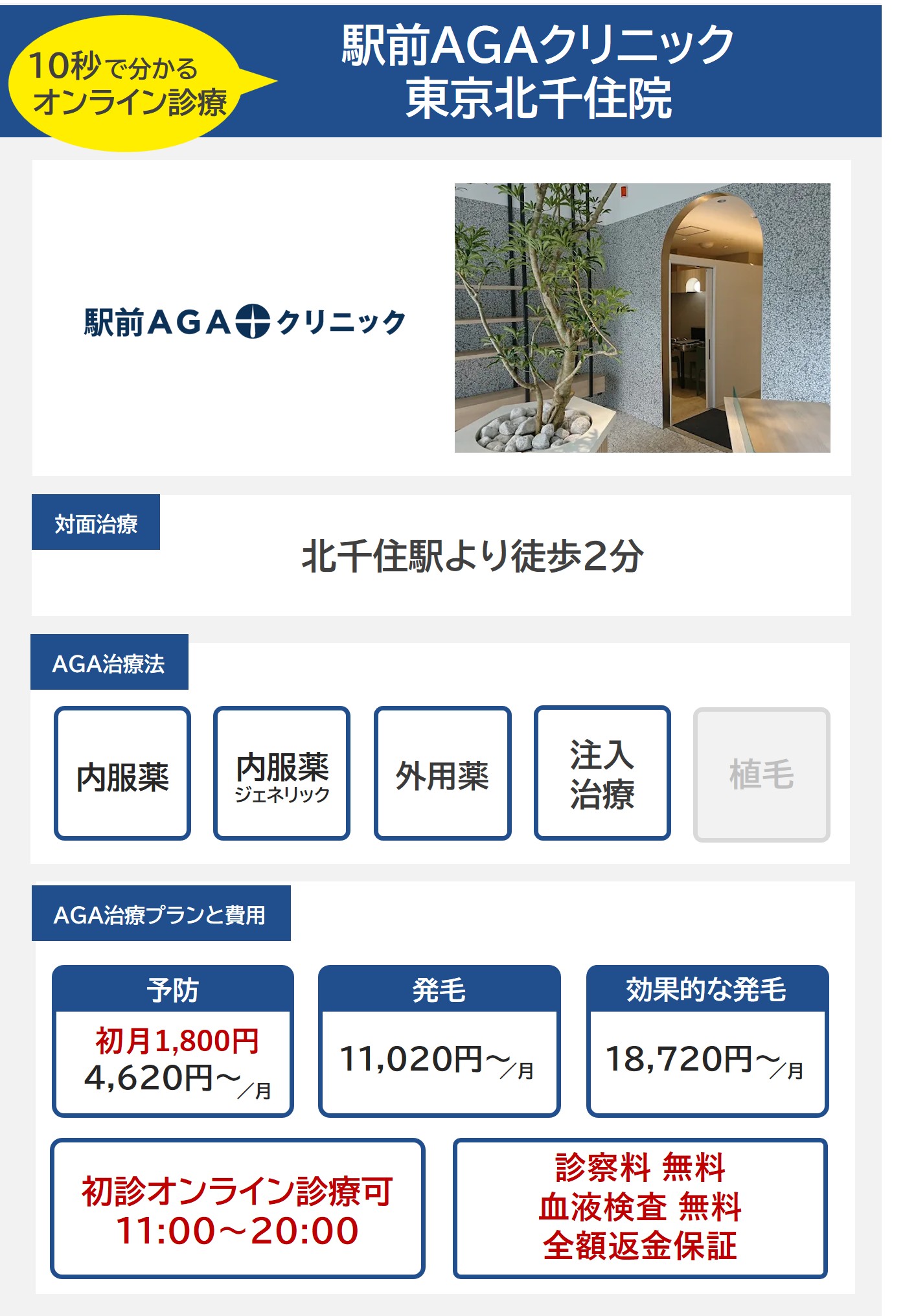 駅前AGAクリニック東京北千住院（北千住）のAGA治療法・プラン料金まとめ